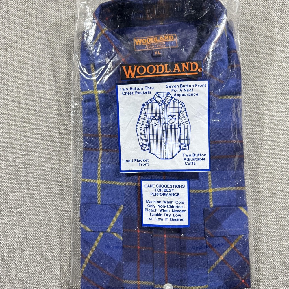 Woodland‎ Shirt Mens XL Blue Plaid Brushed Flannel Button Up Wrinkle Resistant